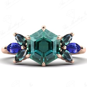 Art Deco Teal Sapphire Engagement Ring For Women 14k Gold Teal Sapphire Wedding Ring Hexagon Cut Sapphire Bridal Ring Art Deco Cluster Ring