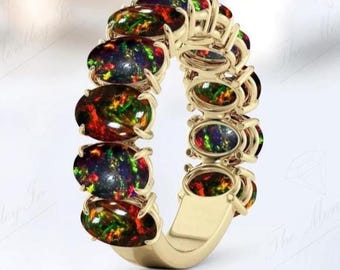 Natural Black Opal Eternity Wedding Band For Women 14K Gold Black Opal Bridal Band Vintage Oval Shaped Black Opal Engagement Band For Her