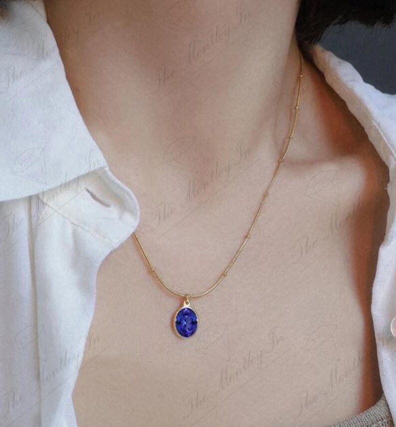 Art Deco Tanzanit Ädelstenshänge För Kvinnor 14K Guld Tanzanit Bröllopshalsband Unikt Statement-hänge Ovalt Tanzanithänge bild 4