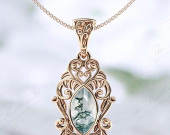 Marquise Cut Moss Agate Pendant For Women 14K Gold Moss Agate Vintage Necklace Unique Green Gemstone Pendant Antique Fiigree Design Pendant