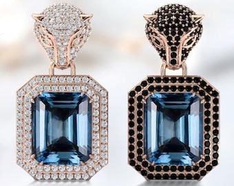 London Blue Topaz Earrings For Women- Panther Jewelry For Women- Emerald Cut Gemstone Earrings- Dangle Drop Earrings- Unique Jaguar Earrings