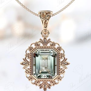 Mint Color Green Amethyst Pendant For Women 14K Gold Amethyst Wedding Necklace Vintage Filigree Design Pendant Art Deco Leaf Style Necklace