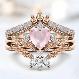 Unique Rose Quartz Engagement Ring Set For Women Art Deco 3 Pc Leaf Style Wedding Ring Set 14K Gold Rose Quartz Bridal Ring Set Gift For Her