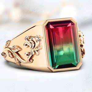 1 Of A Kind Watermelon Tourmaline Engagement Ring For Men Art Deco Filigree Wedding Ring Men Statement Ring 925 Sterling Silver Signet Ring