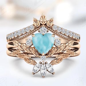 Natural Larimar Engagement Ring Set For Women Heart Shaped Larimar Wedding Ring Set 14K Gold Larimar Art Deco Leaf Ring Set Gift For Women