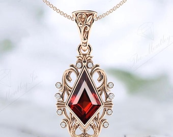 Unique Red Garnet Pendant For Women Vintage Filigree Design Wedding Necklace 14K Gold Red Garnet Statement Pendant Anniversary Gift For Her