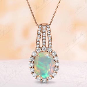 14K Gold Opal Wedding Pendant For Women Vintage Halo Style Necklace Art Deco Statement Pendant Antique Opal Gemstone Pendant Gift For Women