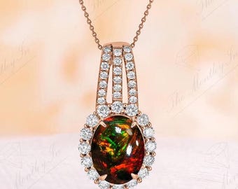 Natural Black Opal Pendant For Women Art Deco Halo Wedding Necklace 14K Gold Black Opal Statement Pendant Vintage Handmade Pendant For her