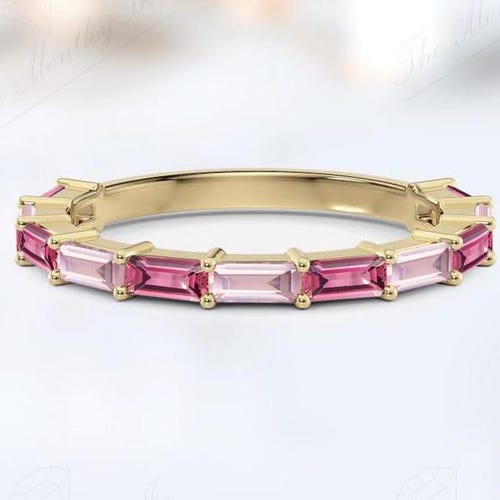 Vintage Pink Tourmaline Eternity Band For Women 925 Sterling Silver Stacking Band Art Deco Baguette Cut Rose Quartz Bridal Band Gift For Her