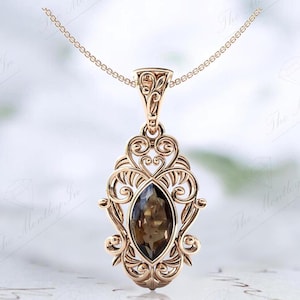 Vintage Smoky Quartz Pendant For Women Art Deco Leaf Design Pendant 14K Gold Smoky Quartz Wedding Necklace Unique Brown Gemstone Pendant