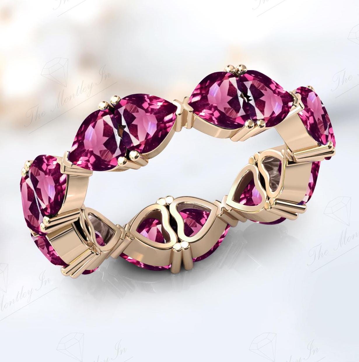 Unique Rhodolite Garnet Full Eternity Band For Women 14K Gold Rodholite Garnet Wedding Band Art Deco Bridal Promise Band Gift For Women