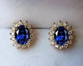 Blue Sapphire 925 Silver Stud Earrings, Vintage Style