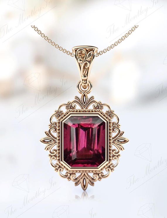 Natural Rhodolite Garnet Pendant For Women Vintage Leaf Design Wedding Pendant Emerald Cut Rhodolite Garnet Necklace Unique Anniversary Gift