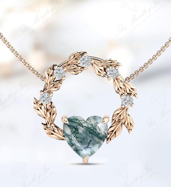 Heart Cut Moss Agate Pendant For Women Vintage Leaf Style Wedding Necklace Art Deco Statement Pendant 925 Sterling Silver Handmade Pendant