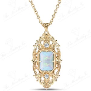 Fire Opal Gemstone Pendant For Women 14k Gold Opal Art Deco Filigree Wedding Pendant Emerald Cut Opal Necklace Unique Statement Pendant