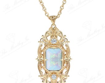 Fire Opal Gemstone Pendant For Women 14k Gold Opal Art Deco Filigree Wedding Pendant Emerald Cut Opal Necklace Unique Statement Pendant