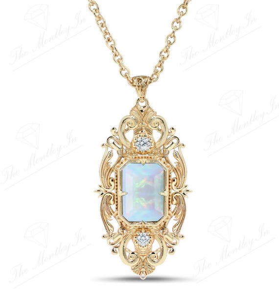Fire Opal Gemstone Pendant For Women 14k Gold Opal Art Deco Filigree Wedding Pendant Emerald Cut Opal Necklace Unique Statement Pendant
