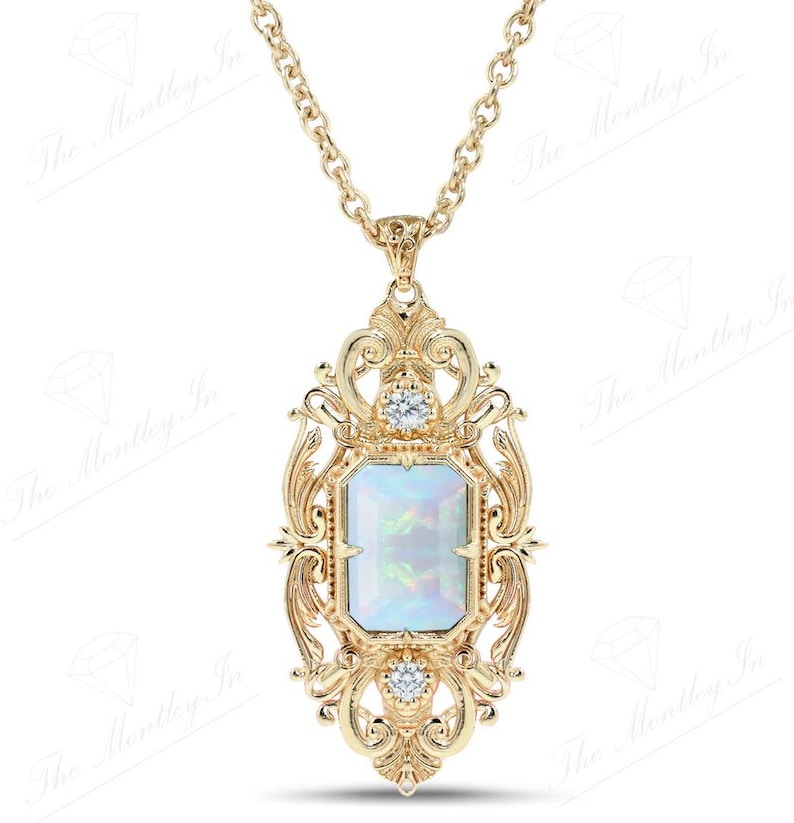 May include: A gold necklace with a large, ornate pendant featuring a white opal gemstone surrounded by smaller diamonds. The pendant is in a baroque style with intricate details.