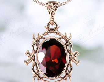 14K Gold Red Garnet Necklace For Women Art Deco Branch Style Pendant Unique Red Gemstone Pendant Vintage Nature Inspired Pendant For Her