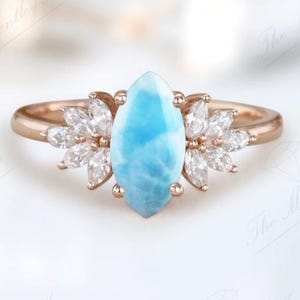 Unique Larimar Wedding Ring For Women Art Deco Cluster Engagement Ring 925 Silver Larimar Bridal Ring Promise Ring Anniversary Gift For Her