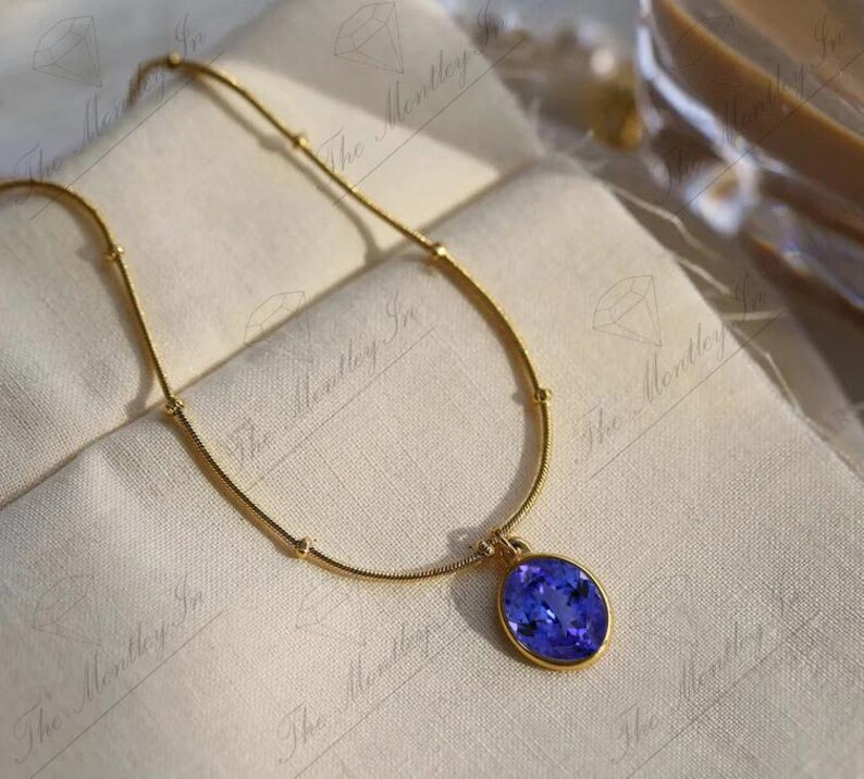 Art Deco Tanzanit Ädelstenshänge För Kvinnor 14K Guld Tanzanit Bröllopshalsband Unikt Statement-hänge Ovalt Tanzanithänge bild 3