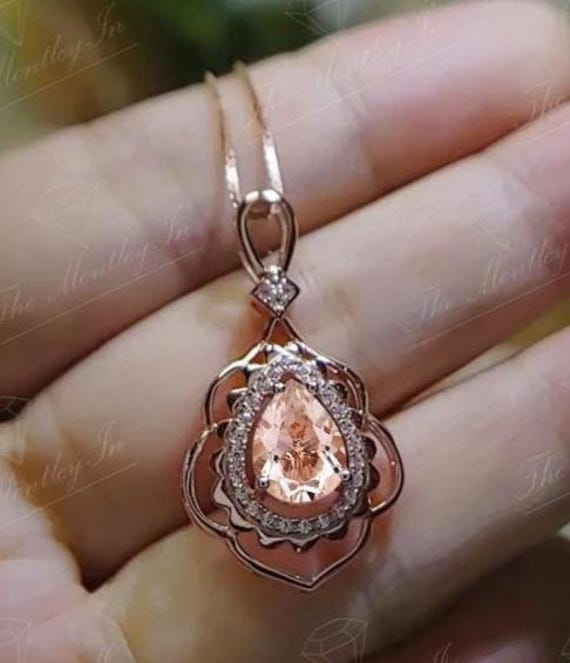 Peach Pink Morganite Pendant For Women 14K Gold Morganite Halo Wedding Pendant Pear Cut Morganite Filigree Design Necklace Gift For Women