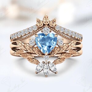 Vintage Sky Blue Topaz Engagement Ring Set For Women Art Deco Leaf Style Wedding Ring Set Antique 3 Piece Bridal Ring Set Anniversary Gift