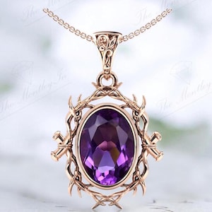 Oval Shaped Amethyst Pendant For Women Unique Tree Style Wedding Necklace 14K Gold Amethyst Vintage Branch Design Pendant Gift For Women