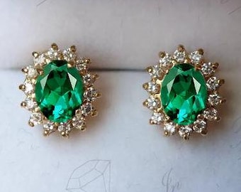 Vintage Emerald Stud Earrings For Women Oval Shaped Emerald Halo Wedding Earrings 14K Gold Emerald Art Deco Statement Earrings Gift For Her