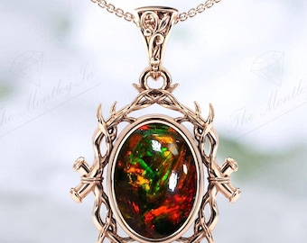 Natural Black Opal Pendant For Women 14K Gold Black Opal Necklace Art Deco Branch Style Pendant Vintage Tree Design Wedding Necklace For Her