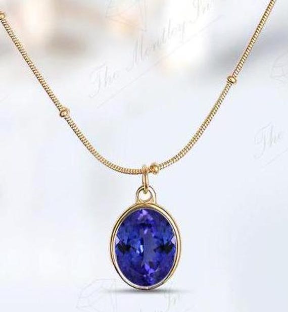 Art Deco Tanzanite Gemstone Pendant For Women 14K Gold Tanzanite Wedding Necklace Unique Statement Pendant Oval Shaped Tanzanite Pendant
