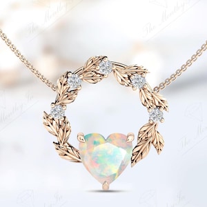Art Deco Opal Gemstone Necklace For Women Vintage Leaf Wedding Pendant 14K Gold Opal Handmade Pendant Heart Shaped Gemstone Pendant For Her