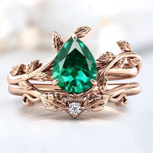 Vintage Leaf Design Emerald Engagement Ring Set 925 Silver Emerald Wedding Ring Set Art Deco 2 Piece Bridal Ring Set Unique Promise Ring Set