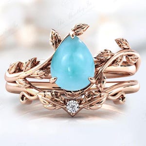Art Deco Larimar Engagement Ring Set For Women Vintage Leaf Style Wedding Ring Set 14k Gold Larimar 2 Piece Bridal Ring Set Gift For Women