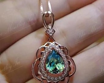 Vintage Filigran Design Blågrön Safirhänge För Kvinnor Unikt Färgskiftande Ädelstenhänge 14K Guld Blågrön Safir Bröllopshalsband
