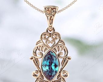 Vintage Alexandrite Gemstone Pendant For Women 14K Gold Alexandrite Wedding Necklace Art Deco Statement Pendant Unique Leaf Style Pendant