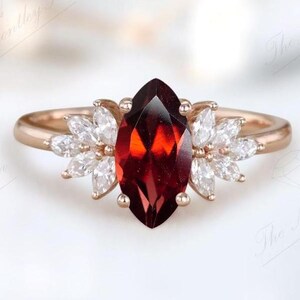 Unique Red Garnet Engagement Ring For Women Art Deco Cluster Wedding Ring 14k Gold Red Garnet Bridal Anniversary Ring Women Anniversary Gift