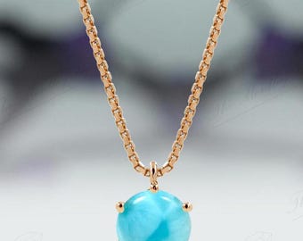 Round Cut Larimar Pendant For Women 14K Gold Larimar Art Deco Statement Pendant Vintage Solitaire Wedding Pendant Women Anniversary Gift