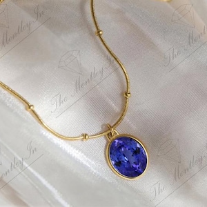 Art Deco Tanzanit Ädelstenshänge För Kvinnor 14K Guld Tanzanit Bröllopshalsband Unikt Statement-hänge Ovalt Tanzanithänge bild 2
