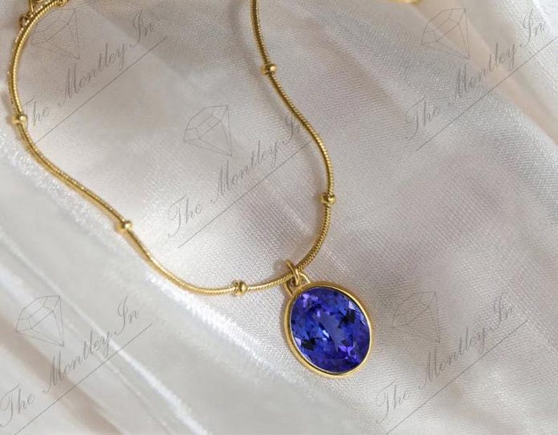 Art Deco Tanzanit Ädelstenshänge För Kvinnor 14K Guld Tanzanit Bröllopshalsband Unikt Statement-hänge Ovalt Tanzanithänge bild 2