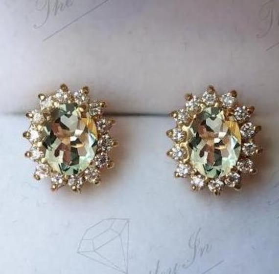 Green Amethyst Stud Earrings For Women 14K Gold Green Amethyst Antique Halo Earrings Oval Cut Amethyst Wedding Earrings Anniversary Gift