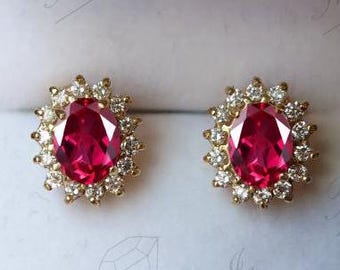 Vintage Ruby Gemstone Halo Earrings For Women Sterling Silver Ruby Wedding Earrings Art Deco Stud Earrings Unique Anniversary Gift For Her