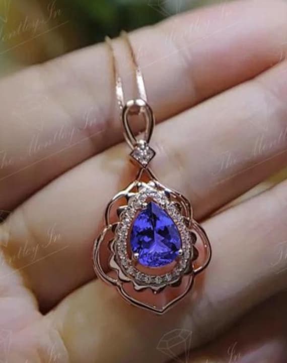 14K Gold Tanzanite Pendant For Women Pear Shaped Tanzanite Art Deco Filigree Design Necklace Vintage Tanzanite Wedding Pendant Gift For Her