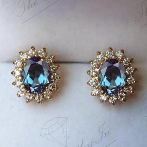 Art Deco Alexandrite Halo Earrings, Moissanite Accents, Sterling Silver