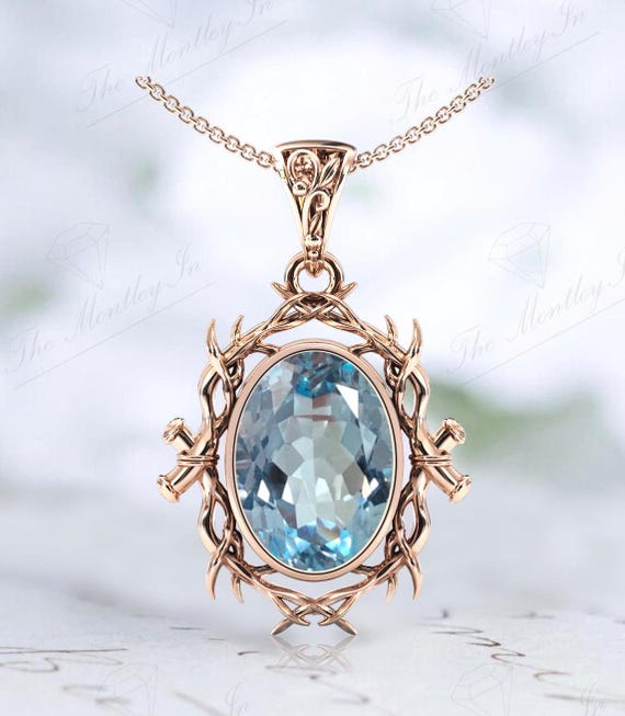 Art Deco Aquamarine Pendant, Nature Inspired 14K Gold Necklace