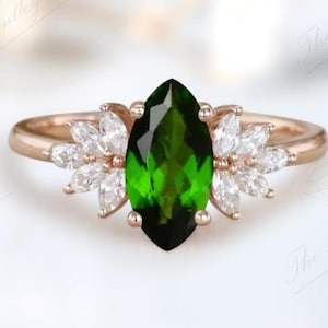 Vintage Chrome Diopside Engagement Ring For Women 14K Gold Chrome Diopside Wedding Ring Art Deco Cluster Bridal Promise Ring Gift For Women