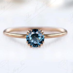 14K Gold Minimalist London Blue Topaz Engagement Ring Antique Blue Topaz Dainty Wedding Ring Unique Solitaire Bridal Ring Anniversary Gift