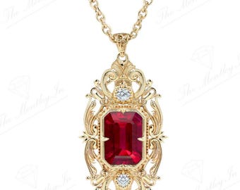 Art Deco Ruby Pendant For Women Vintage Filigree Design Necklace 925 Sterling Silver Ruby Wedding Pendant Unique Anniversary Gift For Her