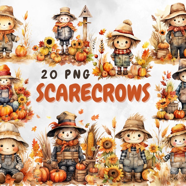 Aquarelle Automne Épouvantail Clipart Bundle Mignon Numérique Halloween Imprimable PNG Images pour un usage commercial Automne Clipart PNGs