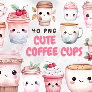 Entzückende Aquarell Kaffeetasse Clipart: Kawaii Illustrationen für kommerzielle Nutzung (Instant Download)
